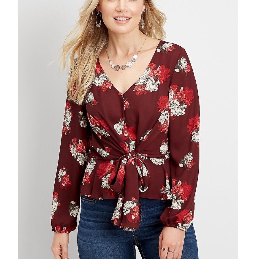 MAURICES Floral Front Tie Blouse Small NWT